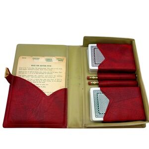 Vtg‎ Leather Book Style Playing Card Case Set 1950s Movie Prop W/ Pencils MCM